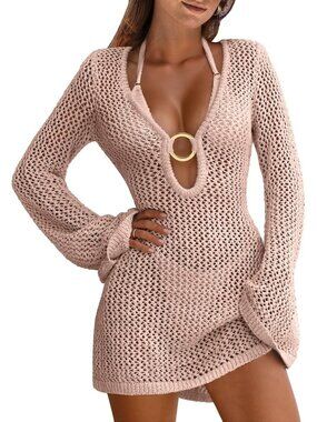 Women's Pink Acrylic Crochet Mesh Bathing Cover UPS Summer Knit Swimwear